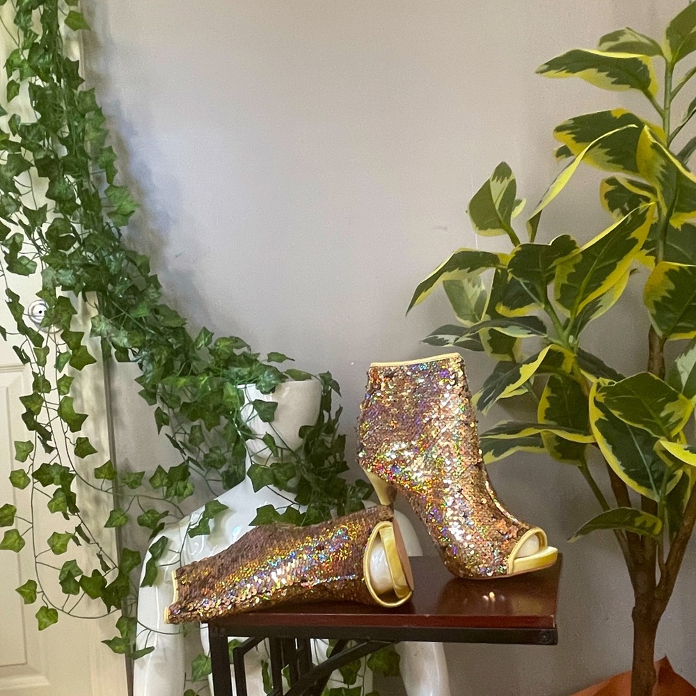 Gold open toe skinny heel boots